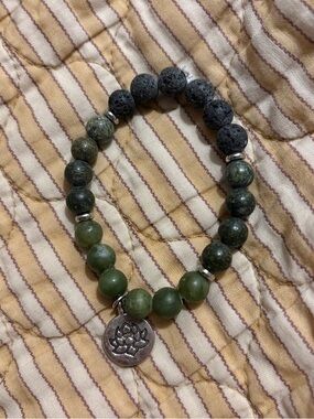Green Beaded Lotus Charm Jade and Lava Bracelet